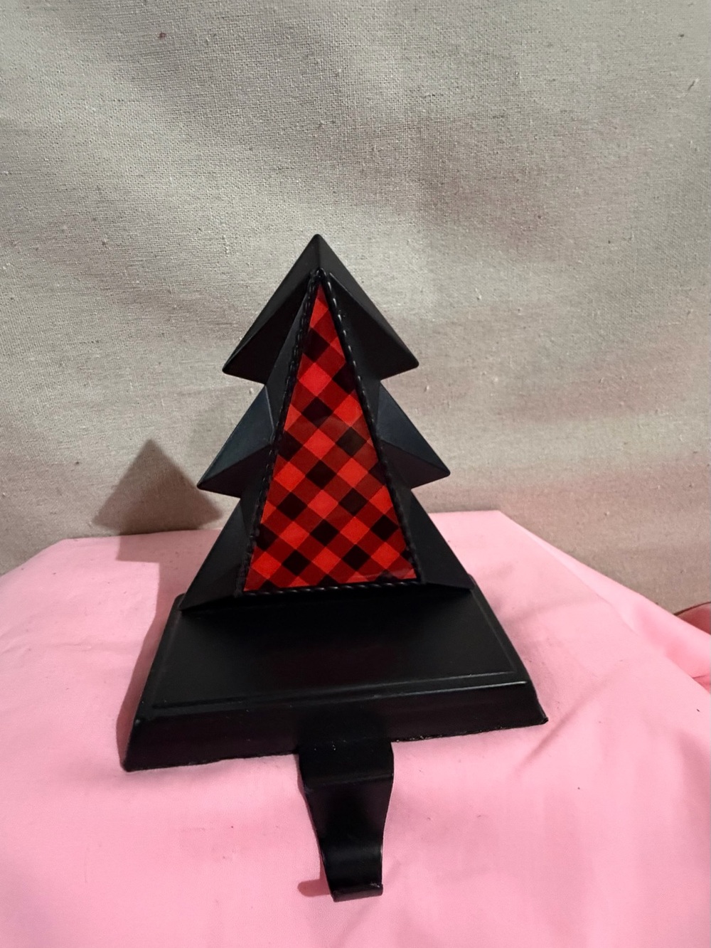 Decorative Black Tree stocking Hook with Red Buffalo Plaid Accent
